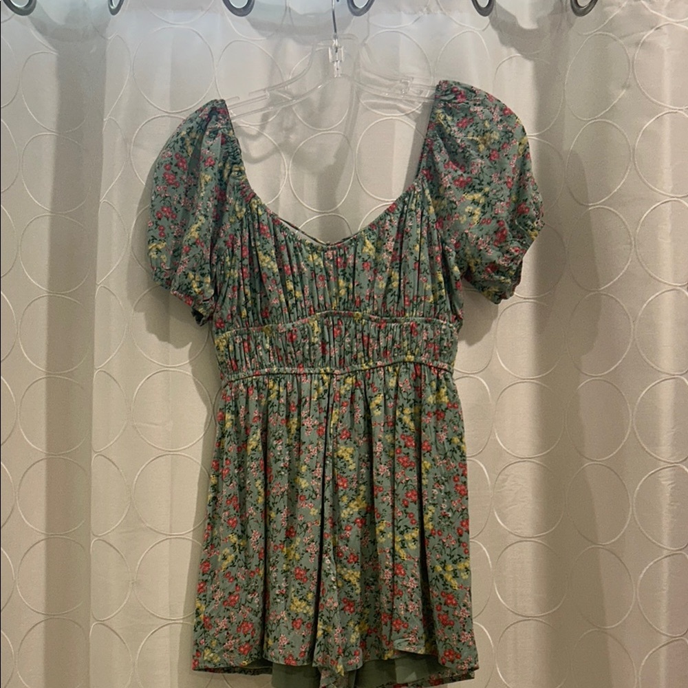 SALE!!!! Altar'd State Pink and Green Smocked Puff Sleeve Romper